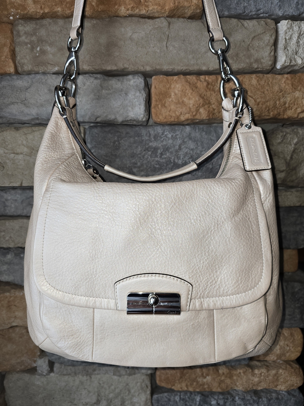 COACH F22309 Kristin Metallic Champagne Pebbled Leather Large Hobo Bag Purse ***
